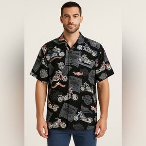 Harley-Davidson Men's Black Motorcycle Print Shirt. Vintage button-down shirt.